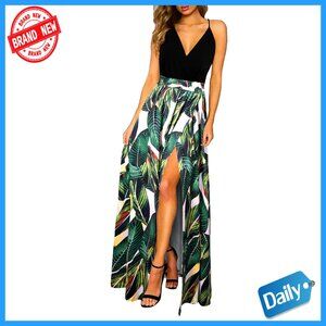 Maxi Dress V-Neck Spaghetti Strap Flowy Split Casual Boho Summer